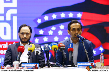 اسماعیل آجرلو و علی بهادری جهرمی در نشست خبری ششمین جشنواره بین‌المللی افشای حقوق بشر آمریکایی
